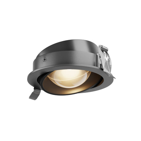 Maytoni Lens 12W LED recessed downlight in black aluminium with tiltable head and spring clips, shown against a plain white background.