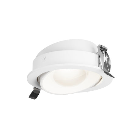 Maytoni Lens 12W LED recessed downlight in white with adjustable tilt head, spring clips, and round aluminium bezel on a plain background.