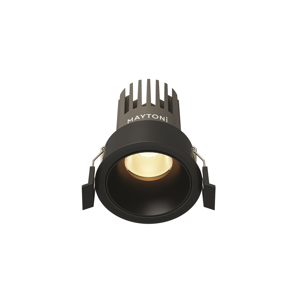 Maytoni Dip 10W LED recessed downlight in matt black aluminium with finned heat sink, deep-set reflector, and spring clips, shown on a white background.