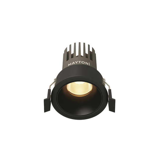 Maytoni Dip 10W LED recessed downlight in matt black aluminium with finned heat sink, deep-set reflector, and spring clips, shown on a white background.
