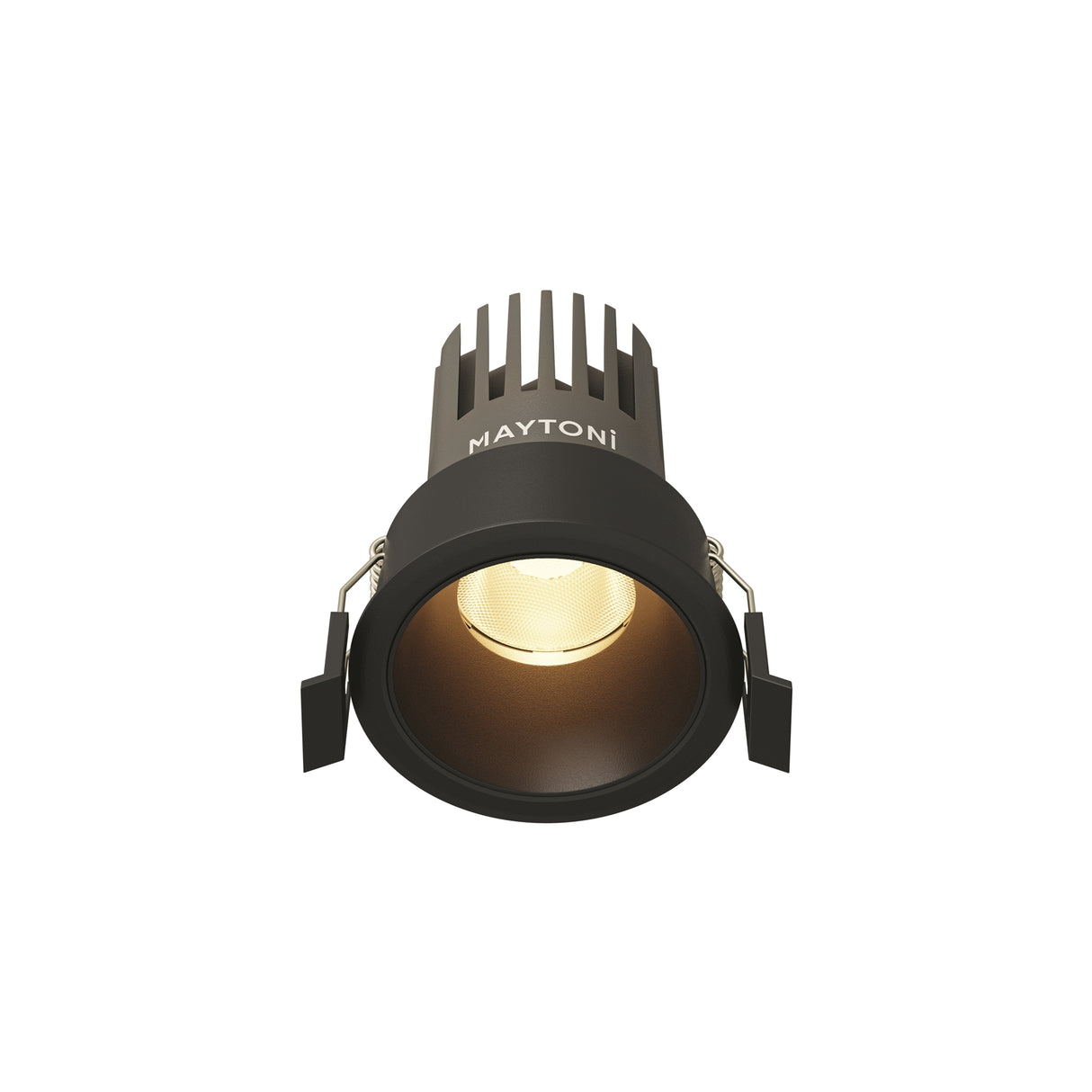 Maytoni Dip 10W LED recessed downlight with black aluminium bezel and finned heat-sink, shown against a plain white background.