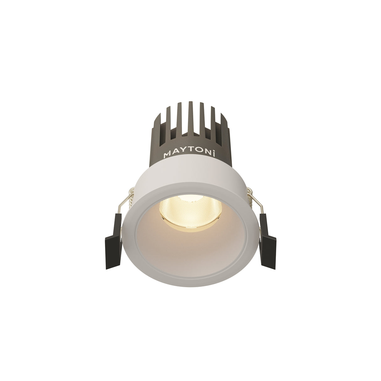 Maytoni Dip 10W LED recessed downlight in white aluminium with a warm 3000K lit cone and heat sink, shown on a plain white background.