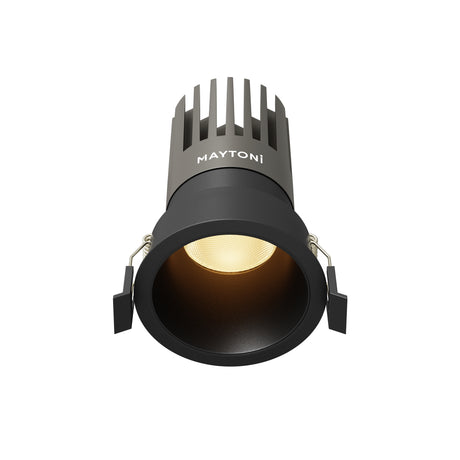 Maytoni Dip 15W 2700K LED recessed downlight in black with aluminium heat sink fins, honeycomb louvre aperture and spring clips, on white background.