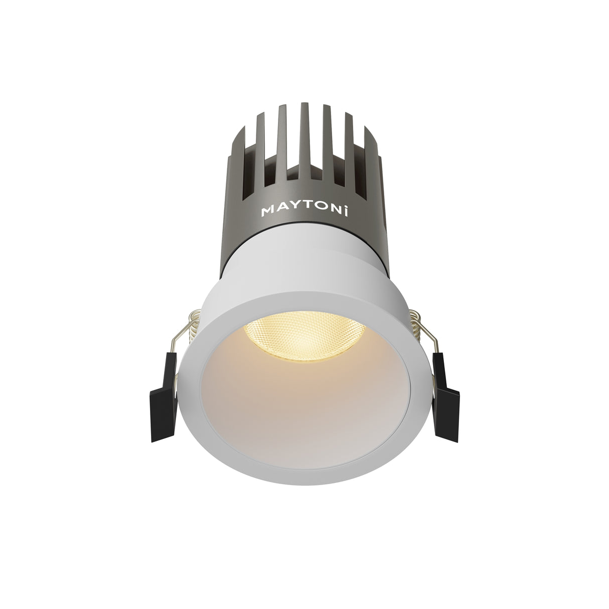 Maytoni Dip 15W LED recessed downlight with white aluminium bezel and finned heat sink, shown against a plain white background.