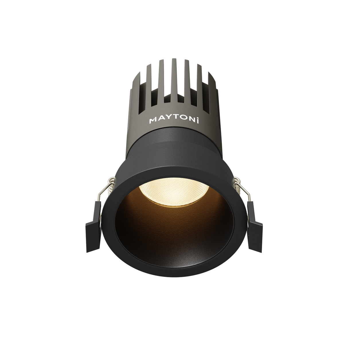 Maytoni Dip 15W 3000K LED recessed downlight in matt black aluminium with deep-set reflector and spring clips, shown against a white background.