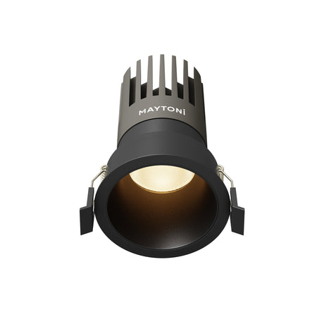 Maytoni Dip 15W 3000K recessed LED downlight in matt black aluminium with deep reflector, heat-sink top and spring clips, on a white background.