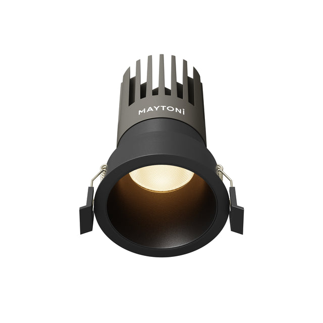 Maytoni Dip 15W 3000K LED recessed downlight in matt black aluminium with deep-set reflector and spring clips, shown against a white background.