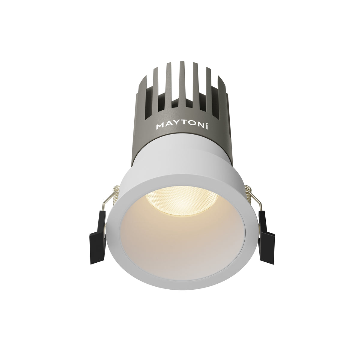 Maytoni Dip 15W 3000K LED recessed downlight in white with round aperture, finned aluminium heat sink and spring clips, shown on a white background.