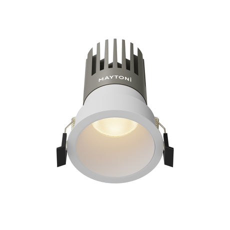 Maytoni Dip 15W 3000K LED recessed downlight in white with round aperture, finned aluminium heat sink and spring clips, shown on a white background.