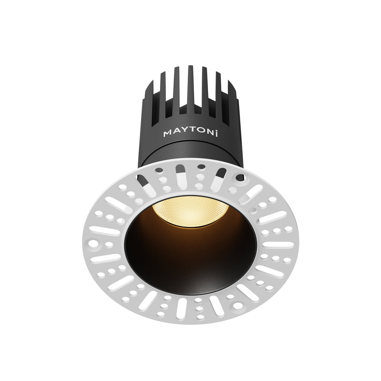 Maytoni Dip 15W 2700K recessed LED downlight with black aluminium trim, warm white lens and finned heat sink above a white mounting plate.
