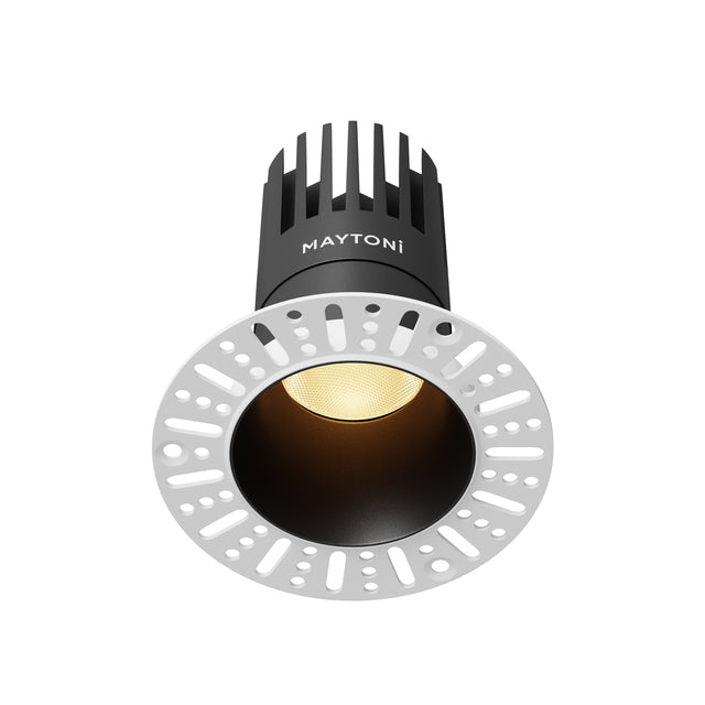 Maytoni Dip 15W 2700K recessed LED downlight with black aluminium trim, warm white lens and finned heat sink above a white mounting plate.