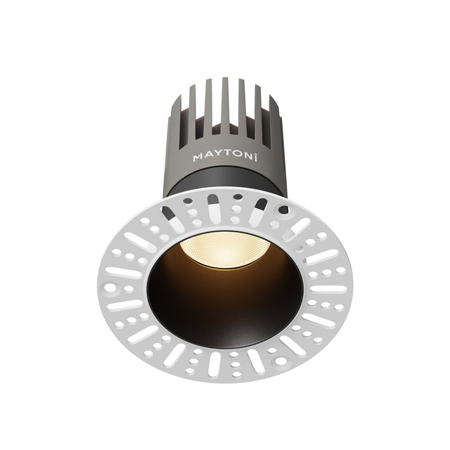 Maytoni Dip 15W LED recessed downlight with black aluminium trim, integrated warm white module and white plaster mounting ring on a plain background.