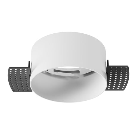 Maytoni Zon trimless recessed downlight housing in white metal with perforated side flanges and central aperture, shown on a plain white background.
