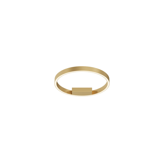 Maytoni Rim 400mm LED ceiling light with a circular brushed brass aluminium ring and central mount, shown on a plain white background.