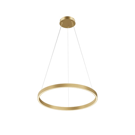 Maytoni Rim 600mm LED ring pendant light in brass, with a circular aluminium frame suspended by cables from a round ceiling rose, on a white background.