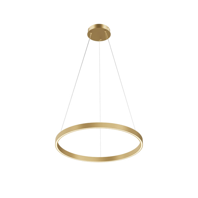 Maytoni Rim 600mm LED ring pendant light in brass, with a circular aluminium frame suspended by cables from a round ceiling rose, on a white background.