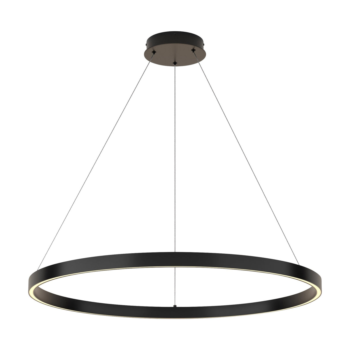 Rim LED circular suspension light in black, offering a bold lighting statement for larger rooms.