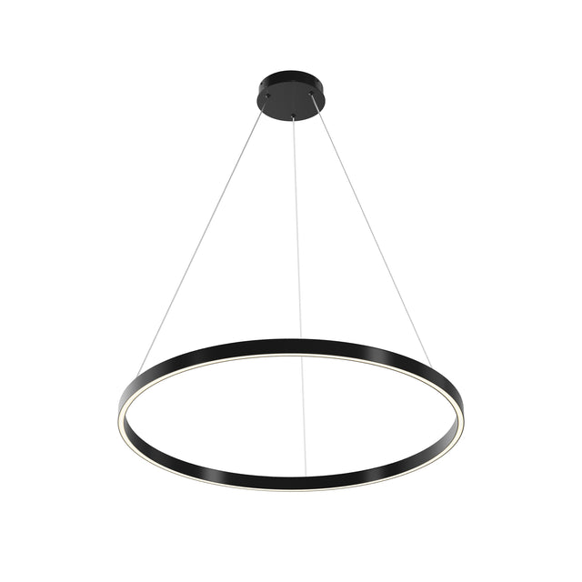 Maytoni Rim 1200mm LED ring pendant light in matt black aluminium, suspended on three steel cables from a circular ceiling rose, on a white background.