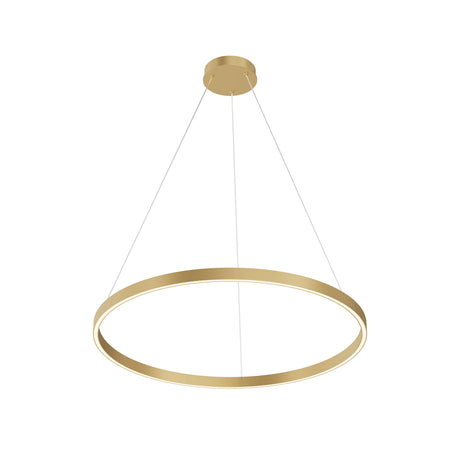 Maytoni Rim Ring 1200mm LED pendant light with a large circular brass-finish frame suspended by three wires from a round canopy, on a white background.
