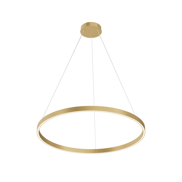 Maytoni Rim Ring 1200mm LED pendant light with a large circular brass-finish frame suspended by three wires from a round canopy, on a white background.