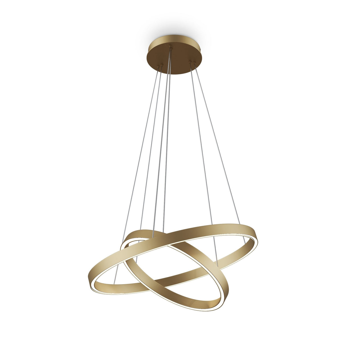 Rim LED double circular suspension light in brass, ideal for wide and modern overhead illumination.