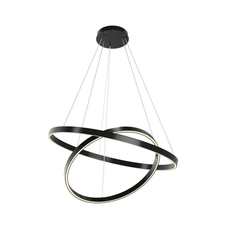Maytoni Rim 1340mm LED pendant light with two interlocking matt black aluminium rings suspended by slim cables from a round ceiling plate.