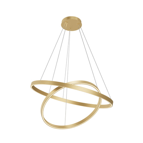 Maytoni Rim Ring LED pendant light with two interlocking aluminium rings in a brass finish, suspended by steel cables from a round canopy on a white background.