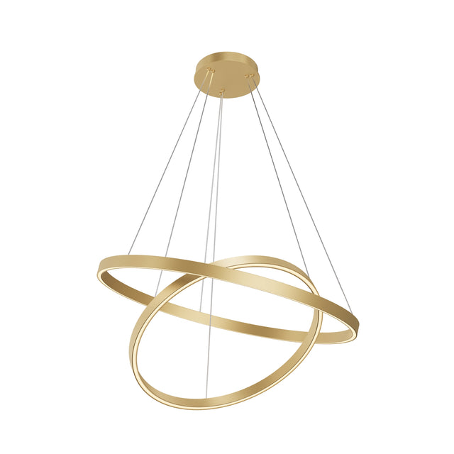 Maytoni Rim Ring LED pendant light with two interlocking aluminium rings in a brass finish, suspended by steel cables from a round canopy on a white background.