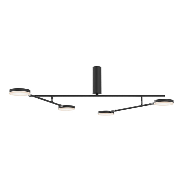 Maytoni Fad Ring 1151mm LED semi-flush ceiling light in matt black, with four disc heads on adjustable stems from a central cylindrical canopy.