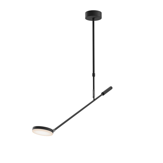 Maytoni Fad LED ceiling light in matt black with an articulated arm and flat circular head suspended from a round canopy, shown on a white background.