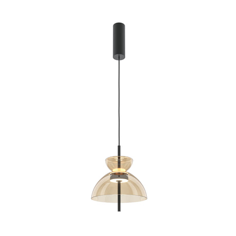 Maytoni Bangkok LED pendant light with stacked amber glass shades, a shallow bowl above a deeper dome, on a matt black stem and cylindrical canopy.