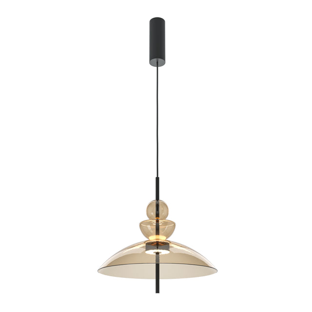 Maytoni Bangkok LED pendant light with stacked amber glass sphere, bulb and dome shade on a matt black downrod and cylindrical canopy.