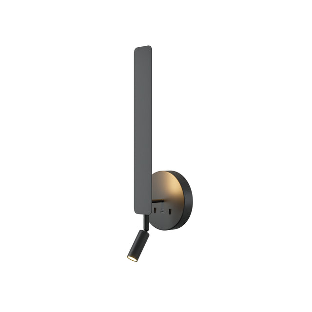 Maytoni Combo Ring LED wall light in matt black with tall flat panel, circular backplate and adjustable reading arm spotlight on a white background.