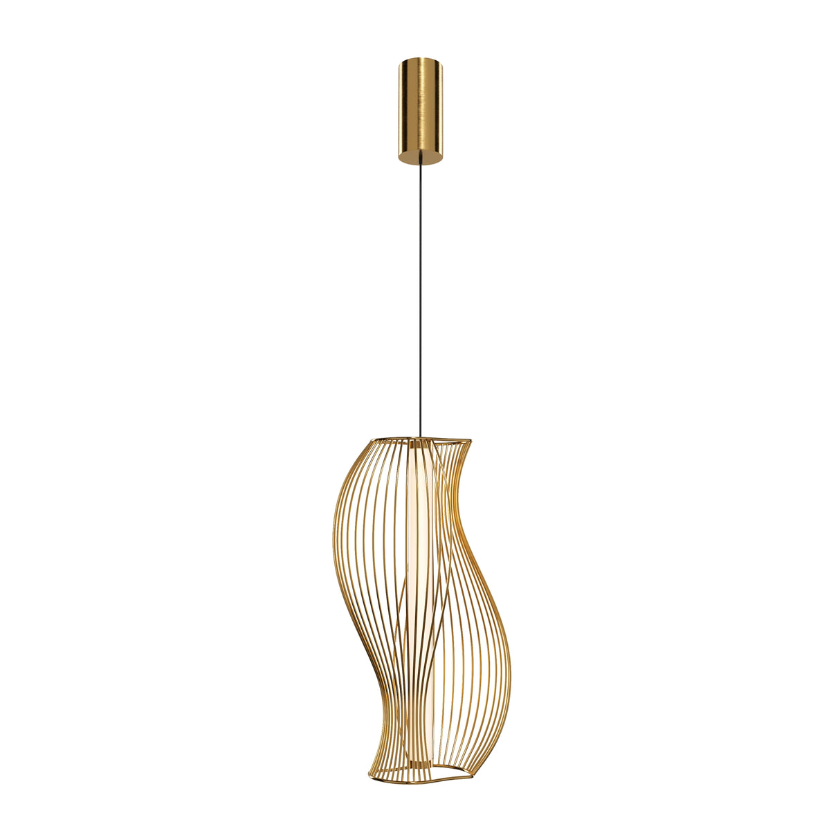 Maytoni Shadows of the past LED pendant light with a sculptural brass wire-form cage and cylindrical canopy, shown on a plain white background.