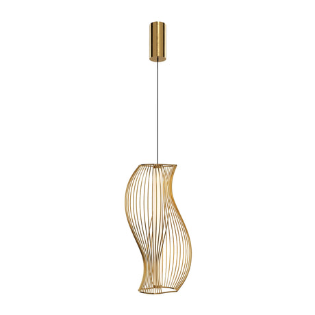 Maytoni Shadows of the past LED pendant light with a sculptural brass wire-form cage and cylindrical canopy, shown on a plain white background.