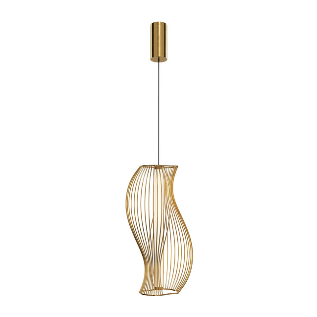 Maytoni Shadows of the past LED pendant light with a sculptural brass wire-form cage and cylindrical canopy, shown on a plain white background.