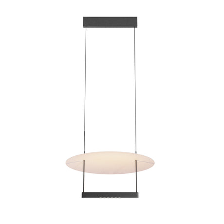 Maytoni Ambience 420mm LED pendant with a flat translucent disc suspended on twin cables between a matte black canopy and counterweight bar.
