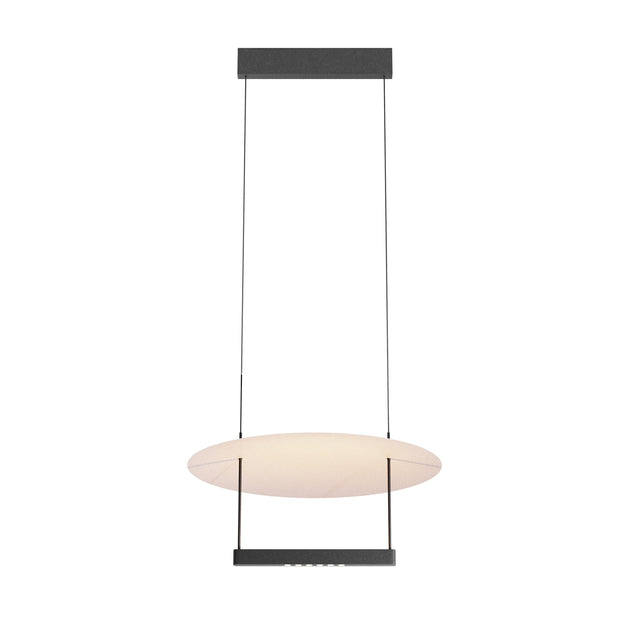 Maytoni Ambience 420mm LED pendant with a flat translucent disc suspended on twin cables between a matte black canopy and counterweight bar.