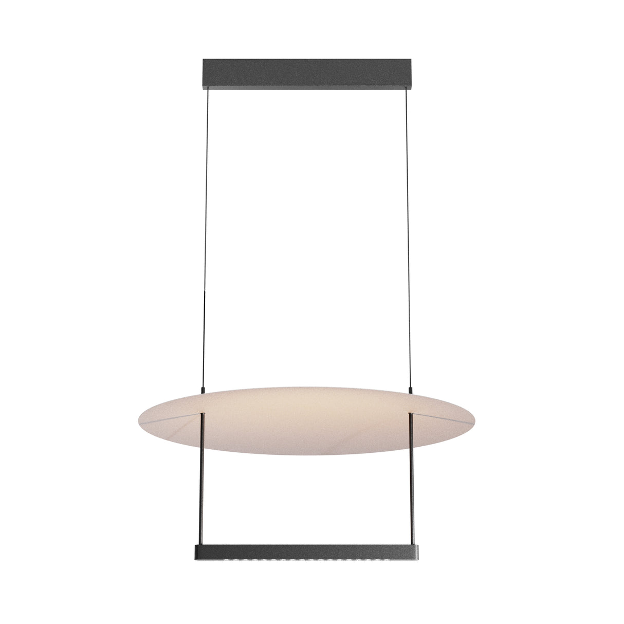 Maytoni Ambience Disc LED pendant light with oval white diffuser suspended between two matt black metal bars on cable suspension, on white.