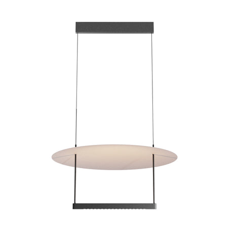 Maytoni Ambience Disc LED pendant light with oval white diffuser suspended between two matt black metal bars on cable suspension, on white.
