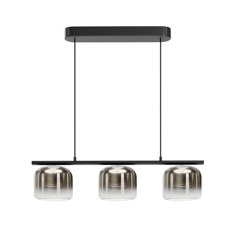 Maytoni Spirito linear LED pendant with three smoked gradient glass bell shades on a matt black bar and oval canopy, on a white background.