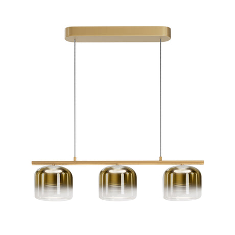 Maytoni Spirito 3-light LED bar pendant with gold gradient glass shades on a brushed gold linear bar and rectangular canopy, on a white background.