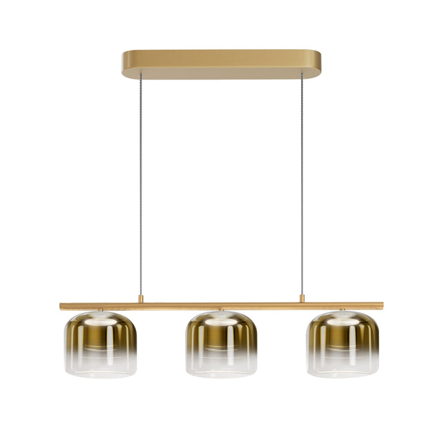 Maytoni Spirito 3-light LED bar pendant with gold gradient glass shades on a brushed gold linear bar and rectangular canopy, on a white background.