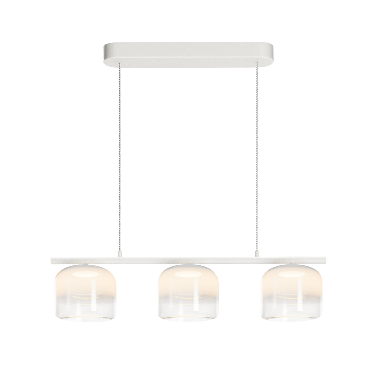 Maytoni Spirito 3-light LED pendant bar in white with linear canopy and three frosted glass cylinder shades, shown on a plain background.