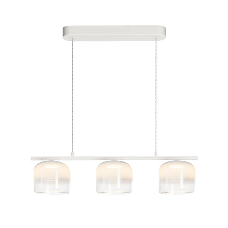 Maytoni Spirito LED pendant bar in white with a linear canopy and three frosted glass dome shades, shown on a plain background.