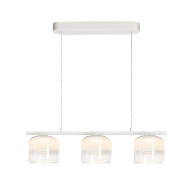 Maytoni Spirito 3-light LED pendant bar in white with linear canopy and three frosted glass cylinder shades, shown on a plain background.