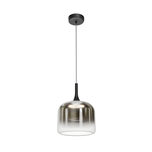 Maytoni Spirito Marble LED pendant light with smoke-tinted glass shade, black metal reflector and matching black canopy on a plain white background.