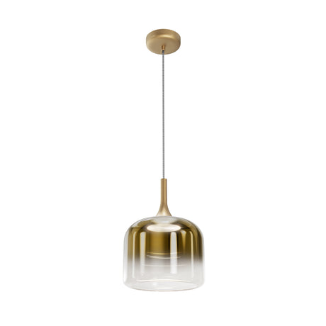 Maytoni Spirito LED pendant light in gold with a bell-shaped shade fading from metallic dome to clear glass, hung on a braided cable from a matching canopy.
