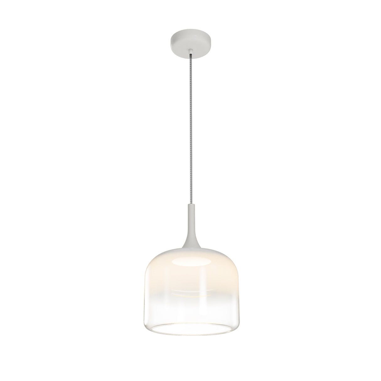 Maytoni Spirito LED pendant light with frosted white glass shade, slim white metal stem and round ceiling canopy, shown on a plain background.