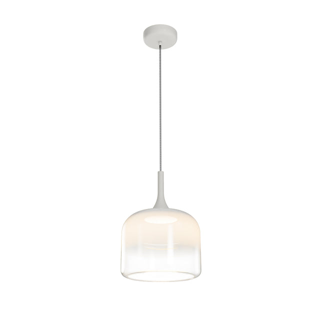 Maytoni Spirito LED pendant light with frosted white glass shade, slim white metal stem and round ceiling canopy, shown on a plain background.